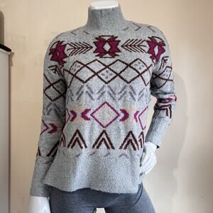 Lou & Grey Mock Neck Fair Isle Tunic Sweater Comfy Cozy Gray Size S